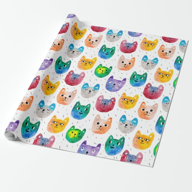 Papel De Regalo Gatos acuarelas y amigos (Desenrollado)