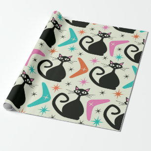 Papel De Regalo Gatos atómicos negros de mediados de siglo con bum