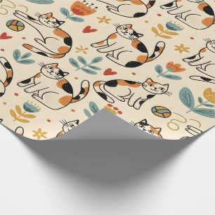 Papel De Regalo Gatos Calico Estilo de Arte Naif