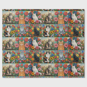 Papel De Regalo Gatos caprichosos lindos y flores de arte popular