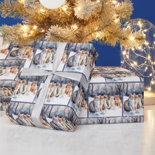 Papel De Regalo Gatos De Acuarela En Copos De Nieve