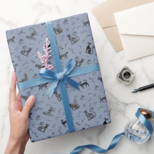Papel De Regalo Gatos de Arte Rupestre sobre Azul Gris Claro