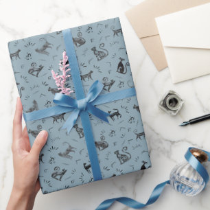 Papel De Regalo Gatos de Arte Rupestre sobre Azul Gris Claro