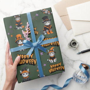 Papel De Regalo Gatos de bruja de oliva festivos disfrazados de Ha