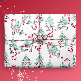 Papel De Regalo Gatos de caña de menta y árboles de Navidad