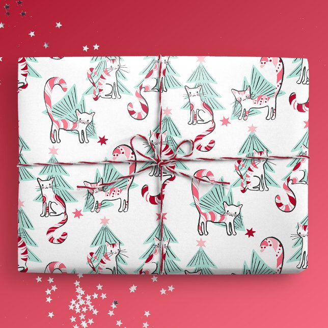 Papel De Regalo Gatos de caña de menta y árboles de Navidad (Peppermint Candy Cats and Christmas Trees Gift Mockup)