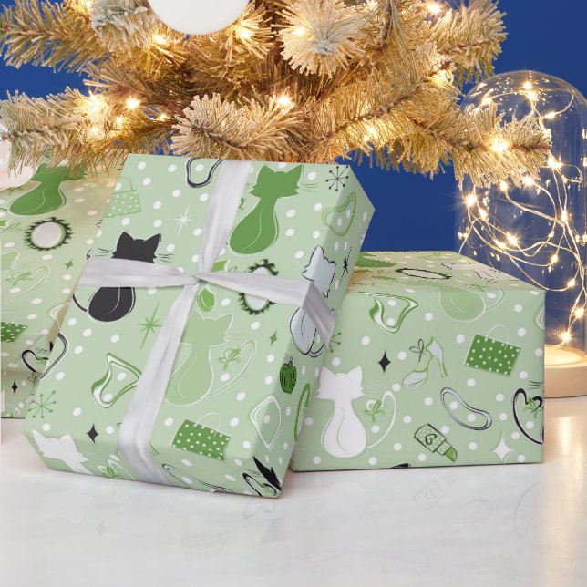 Papel De Regalo Gatos de corazón verde de mediados del siglo (Vacaciones)