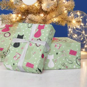 Papel De Regalo Gatos de corazón verde de mediados del siglo