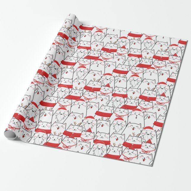 Papel De Regalo Gatos de Kitty Blancos Rojos Divertidos Navidades  (Desenrollado)