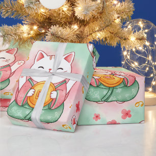 Papel De Regalo Gatos de la Suerte – Prosperidad en Patrón Pastel