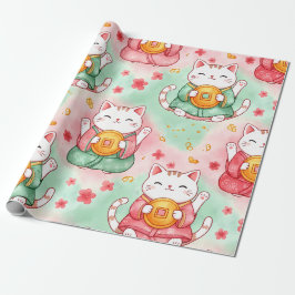 Papel De Regalo Gatos de la Suerte – Prosperidad en Patrón Pastel