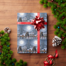Papel De Regalo Gatos de Navidad abrazándose en una valla nevada