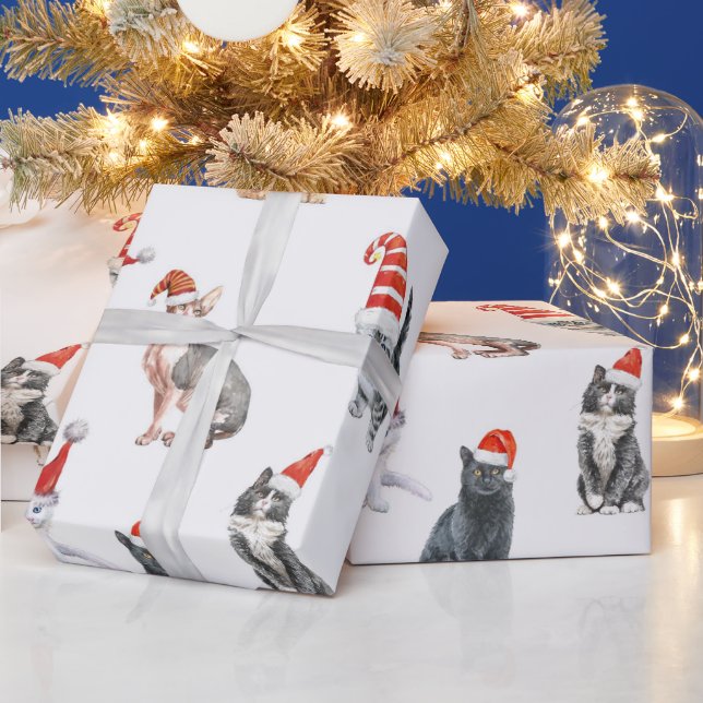 Papel De Regalo Gatos de navidad con sombreros de Santa (Vacaciones)