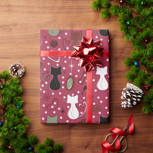 Papel De Regalo Gatos del Corazón Rojo de Mediados del Siglo (Regalo de vacaciones)