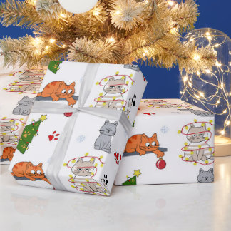 Papel De Regalo Gatos divertidos de Navidad enredados en luces env