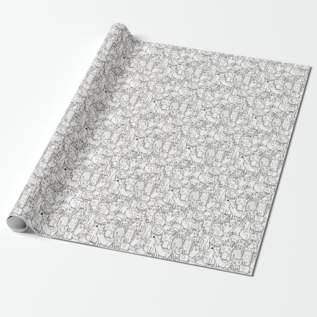 Papel De Regalo Gatos Doodle: blanco y negro. (Desenrollado)