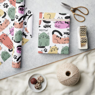 Papel De Regalo Gatos Doodle Lindos y Huellas de Patas