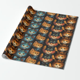 Papel De Regalo Gatos Fiestas azules y Naranjas con sombrero negro