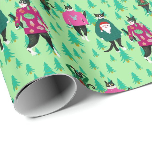 Papel De Regalo Gatos graciosos en Navidades feos saltan verde (Esquina del rollo)