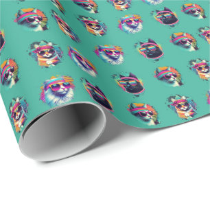 Papel De Regalo Gatos Guay retro de los años 80 con gafas de sol a