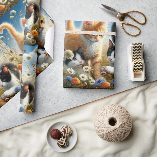 Papel De Regalo Gatos jugando en flores que adoran el gato (Artesanía)