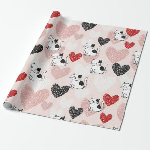 Papel De Regalo Gatos Kawaii Rosados Dulces y Patrón de Corazones