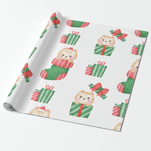 Papel De Regalo Gatos Kaweii en Navidades descansando y dando rega (Desenrollado)