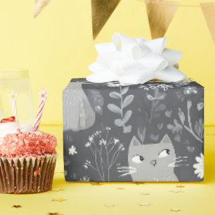 Papel De Regalo Gatos Lindos Patrón Floral Botánico Gris Blanco