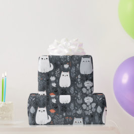 Papel De Regalo Gatos Lindos Patrón Floral Botánico Gris Blanco