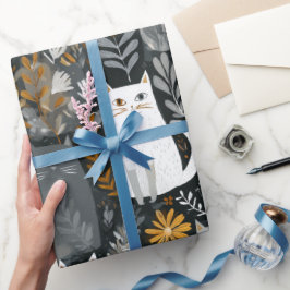 Papel De Regalo Gatos Lindos Patrón Floral Botánico Gris Blanco