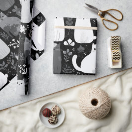 Papel De Regalo Gatos Lindos Patrón Floral Botánico Gris Blanco