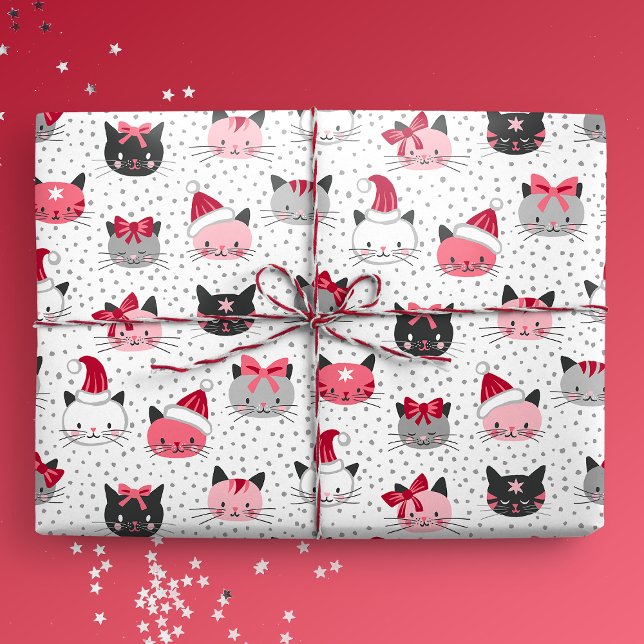 Papel De Regalo Gatos navidades Con Sombrero Santa (Christmas Cats With Santa Hats Gift Mockup)