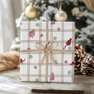 Papel De Regalo Gatos Navideños Juguetones sobre Cuadros Verde y A