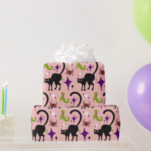 Papel De Regalo Gatos Negros Arañas Botas de Bruja Lima Halloween