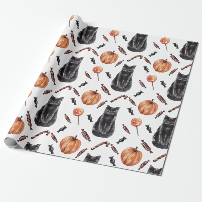 Papel De Regalo Gatos negros, calabazas y trajes de Halloween (Desenrollado)