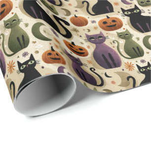 Papel De Regalo Gatos negros caprichosos y calabazas de Halloween