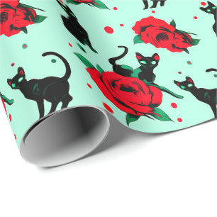 Papel De Regalo Gatos Negros Divertidos Rosas Rojas Patrón
