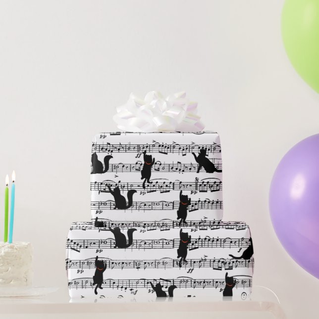 Papel De Regalo Gatos negros en la música de hojas (Regalos de fiesta)