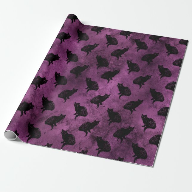 Papel De Regalo Gatos negros en morado (Desenrollado)