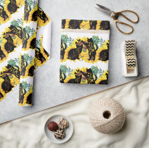 Papel De Regalo Gatos Negros Girasoles Acuarela Floral