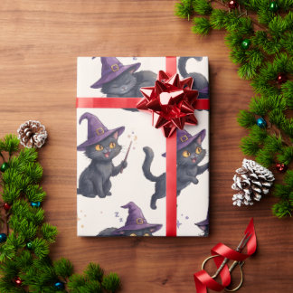 Papel De Regalo Gatos Negros Mágicos Patrón de Halloween Púrpura