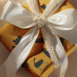 Papel De Regalo Gatos negros sobre mostaza con contornos azules– M