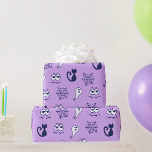 Papel De Regalo Gatos Negros Telarañas y Fantasmas Morado Hallowee