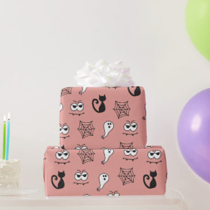 Papel De Regalo Gatos Negros Telarañas y Fantasmas Rosa Halloween
