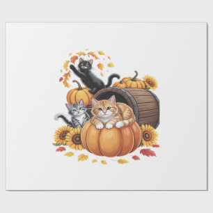 Papel De Regalo Gatos Otoño Calabazas de Acción de Gracias Girasol