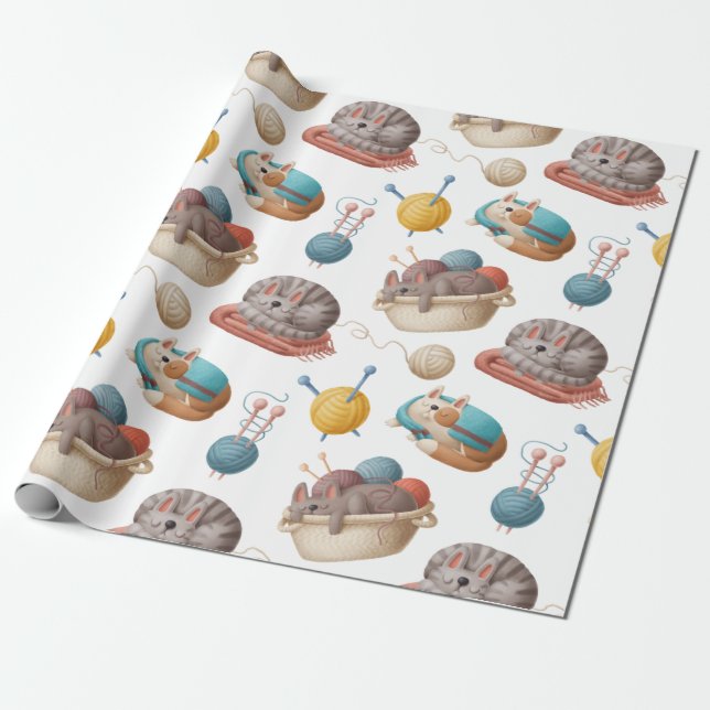 Papel De Regalo Gatos personalizados y yarn (Desenrollado)