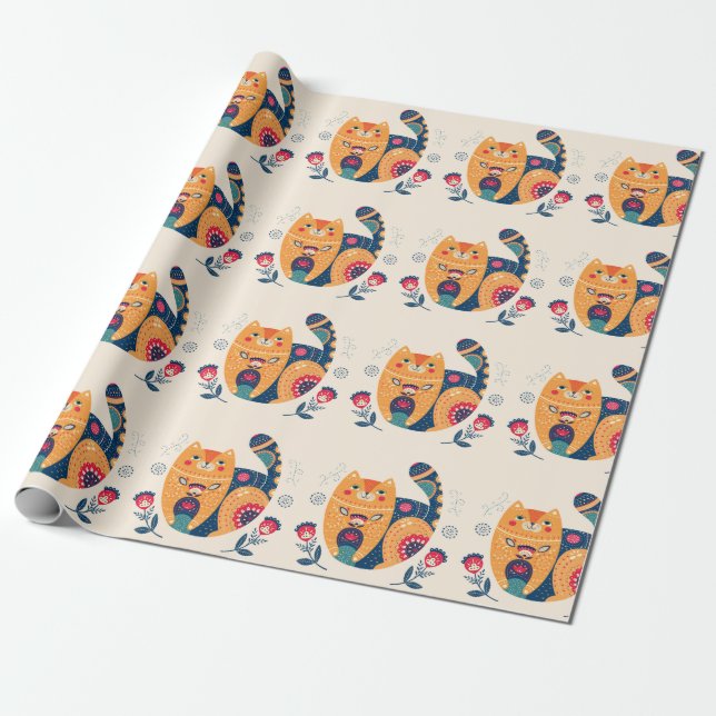 Papel De Regalo Gatos populares naranjas (Desenrollado)