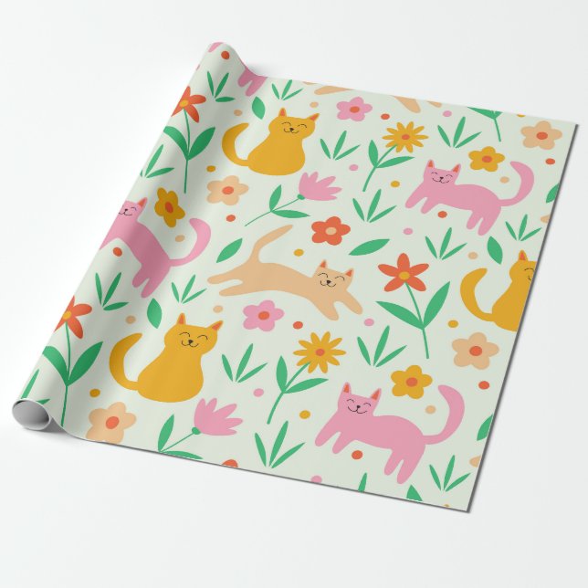 Papel De Regalo Gatos retro felices con flores Naranja rojas y mel (Desenrollado)