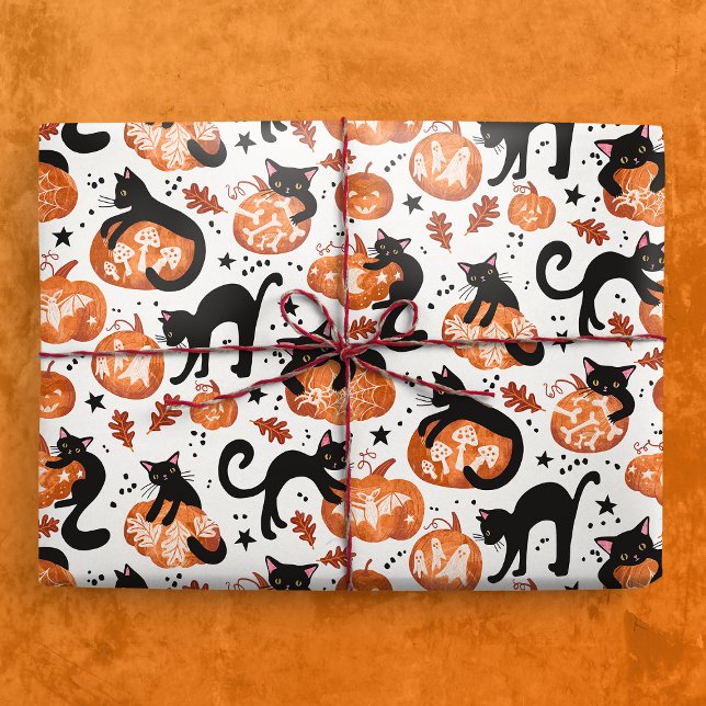 Papel De Regalo Gatos tallando calabazas con linterna de Halloween (Gift Mickup)