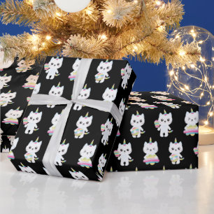 Papel De Regalo Gatos Unicornio Lindos Patrones Negros